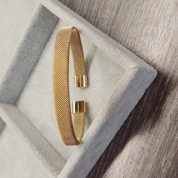 18k Gold Plated Stainless Steel Mesh Open Cuff Luxury Bangle